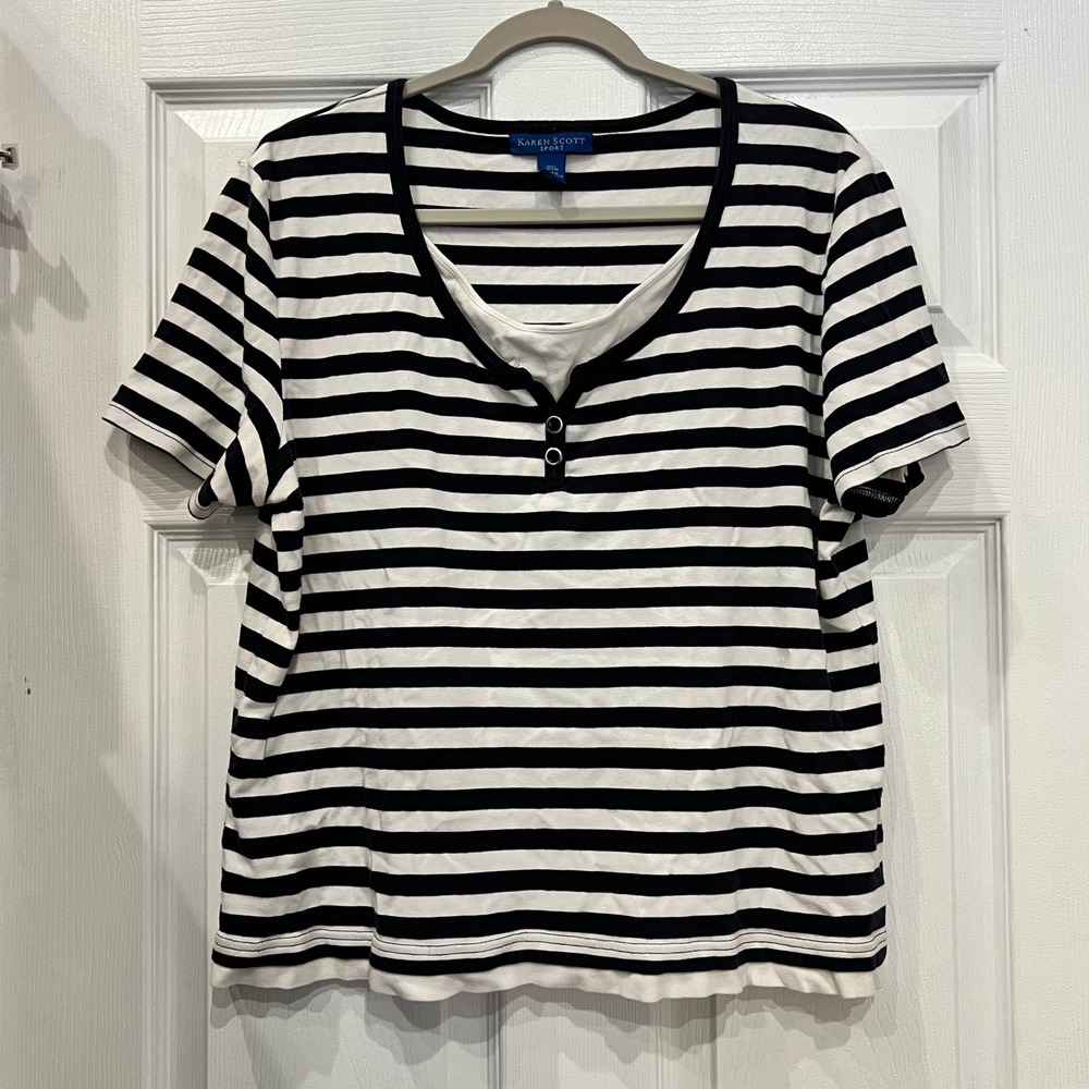 Karen Scott Sport T-Shirt Cotton Knit Navy White Striped Henley Nautical XL